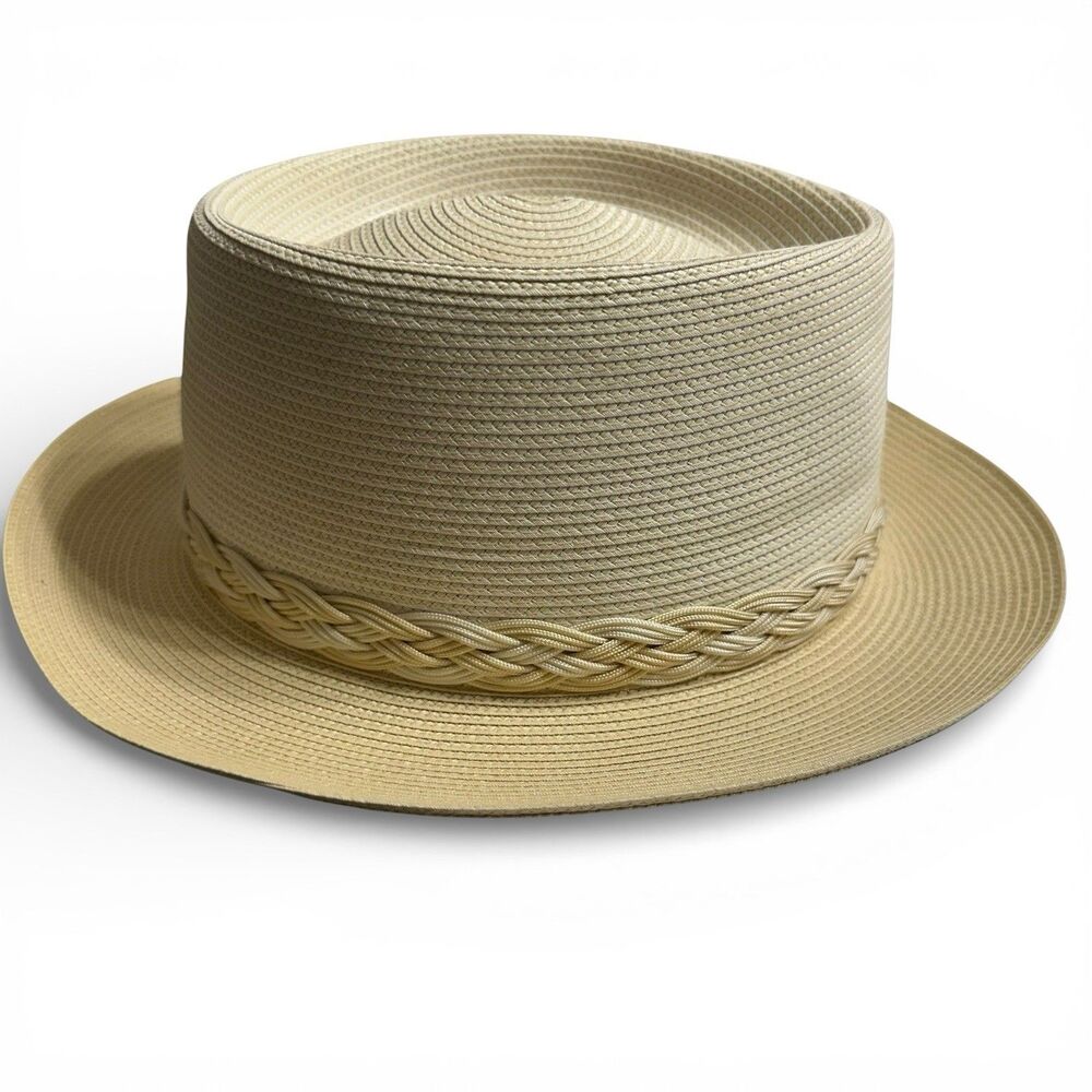 Vtg DOBBS Fifth Ave NY Genoa Men's Sz 7 Straw Fedora Hat Beige/Sand Braided Band